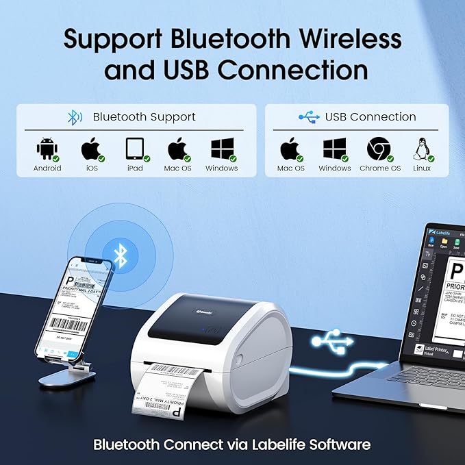 Bluetooth Shipping Label Printer 4x6 - D520BT Bluetooth Thermal Label Printer for Small Business， Shipping Packages, Compatible with USPS, Shopify, Amazon, Tiktok