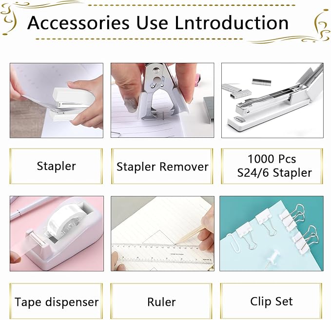 Office Supplies Set,Desk Accessories,Stapler and Tape Dispenser Set,1000 Staples,Staple Remover,Hinder Clips,Ruler,Scissor,Clear Tape,Ballpoint Pen,Sticky Notes,Gifts for Colleagues(White)
