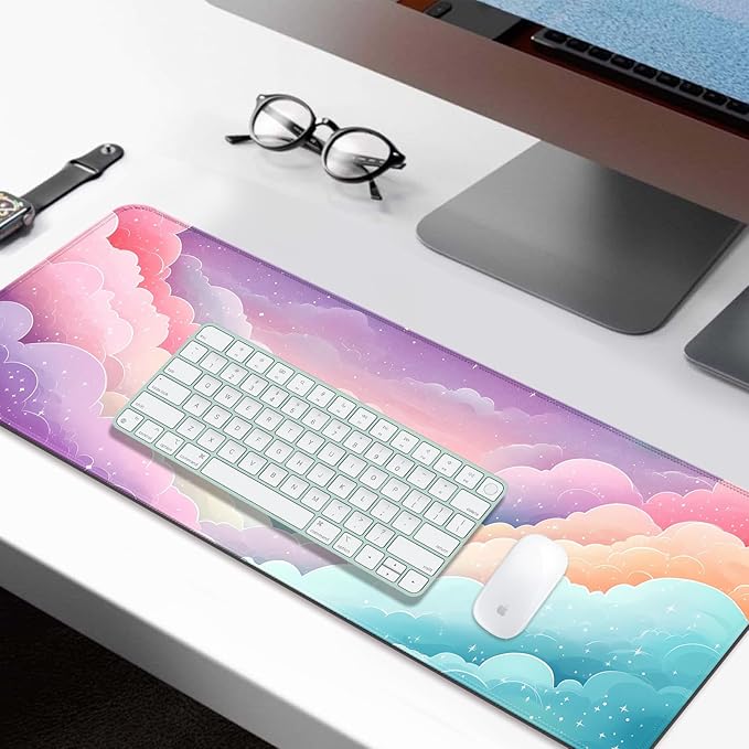 Dreamy Colorful Cloud and Star Gaming Desk Mat, Computer Keyboard Large Extended Long Girly Mouse Pad for Office and Home, XL (W08)