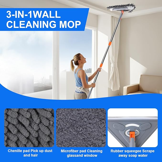 ZYHZYHA Wall Mop with 80 Inches Long Handle, Wall Cleaner Mop Tool for Window/Walls/Ceiling Fans/Dust/Baseboard/Floors Clean, 360° Ceilings Cleaner Tool Duster with Squeegee 6 Replacement Pads