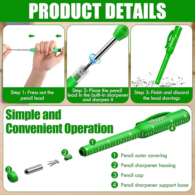 Hiboom 6 Pack Solid Carpenter Pencils Mechanical Construction Pencils with 72 Pcs 2.8 mm Lead Refills Pencil Cap Built In Sharpener Woodworking Marking Tools for Architect Long Nosed Deep Hole Scribe