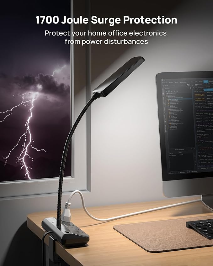 TROND LED Desk Lamp with Clamp Power Strip - Eye Caring Desk Light with 4 Surge Protector Outlet, 15 Lighting Mode, 6ft Flat Plug Extension Cord, Gooseneck for Home Office College Dorm Room Essentials