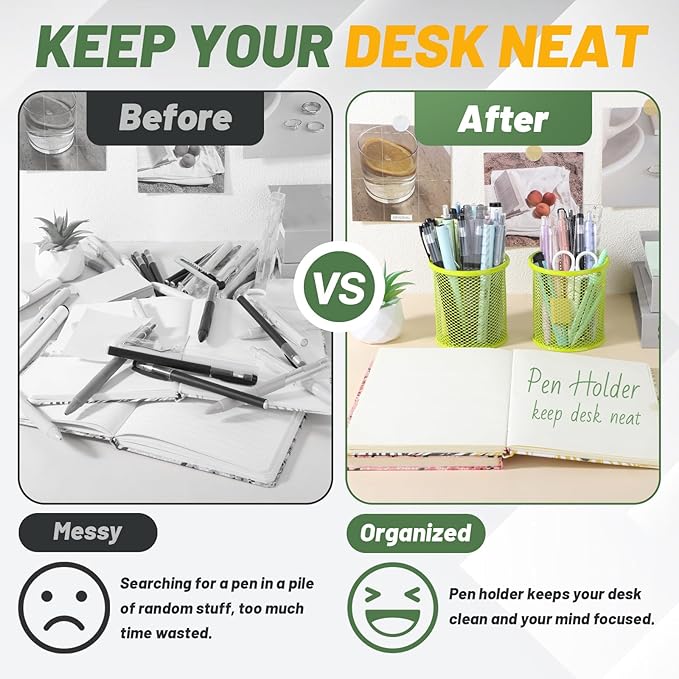 Segarty Pen Holder, 3 Pack Round Light Green Pen Cup Holder, Wire Mesh Marker Pencil Containers Set for Desk, Desktop Accessories Organizer Office Supplies, School, Home, Makeup Brush