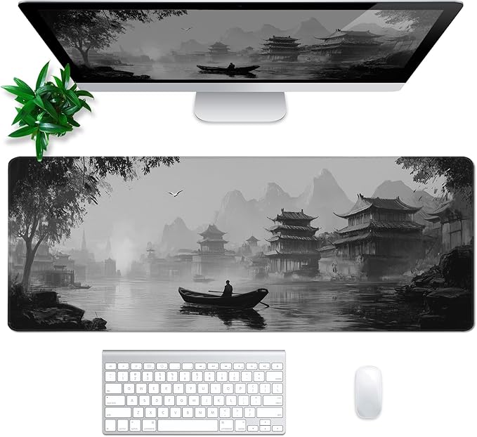 Japanese Ink Landscape Mouse Pad Abstract Black Mouse Pad 31.5x11.8 Inch LandscapeTexture Non-Slip Rubber Base Large Mousepad Stitched Edges Keyboard Mouse Mat Desk Pad for Office and Home