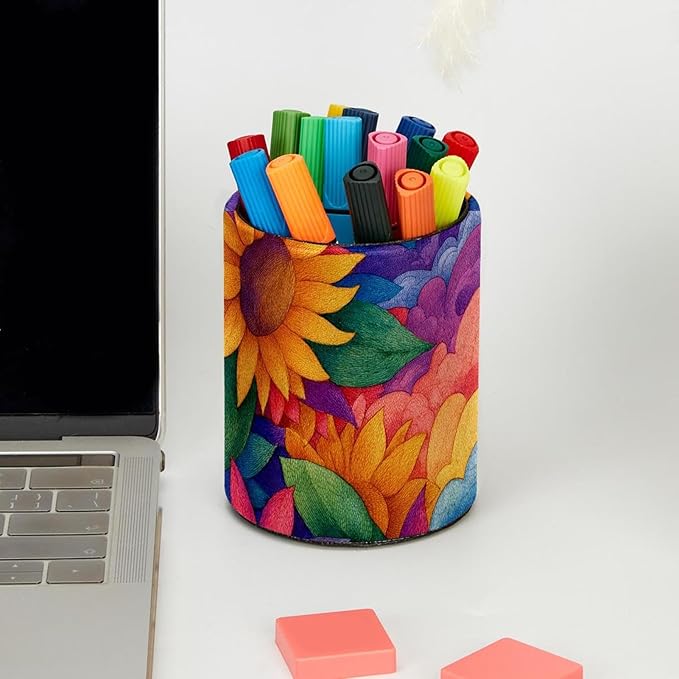 Watercolor Art Sunflower Circular Pen Holder, Pen Cup Makeup Brush Holder, Design for School, Home and Stationary Supplies (3.9 x 3.1 Inches)