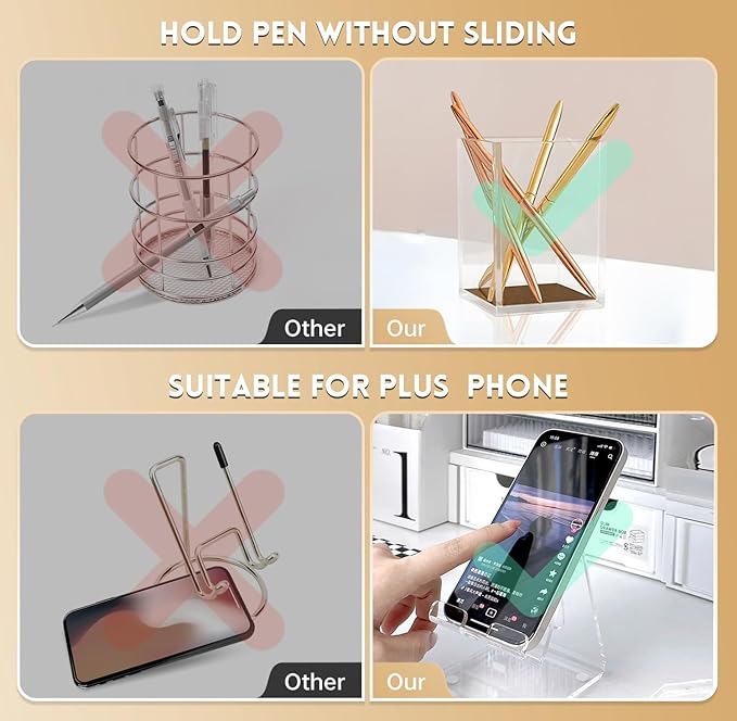 DRQ Gold Desk Accessories, Office Supplies Acrylic Stapler Set, 10Pcs Set for Office with Stapler, Tape Dispenser, Pens, Pen Holder, Phone Holder, Tape, Ruler, 1 Box Staple, Scissors and 1 Box of Clip