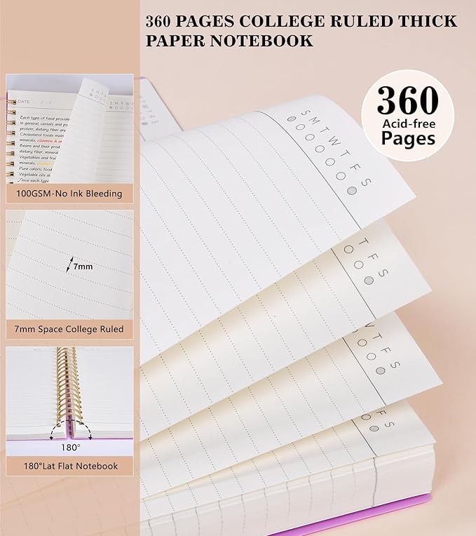 Spiral Notebook Journal College Ruled, 360 Pages Lined Thick Journals for Women Men, B5 Big Notebooks with 100GSM Paper, Spiral Bound Journaling for Writing Work School Purple 7.6"×10"