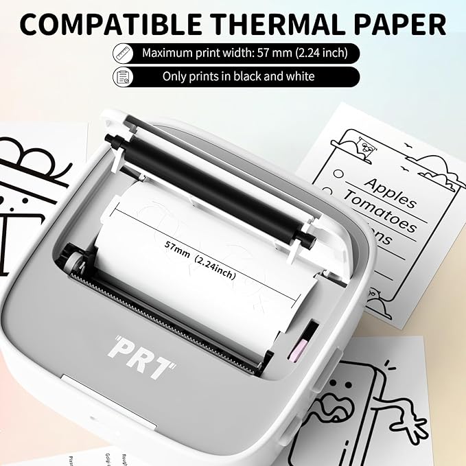 PRT Mini Sticker Printer, Portable Thermal Printer with 1 Roll Sticker Paper, Inkless Sticker Maker, Bluetooth Label Printer for Study Notes,Lists,Pictures,DIY Creations Small Printers for Home Use