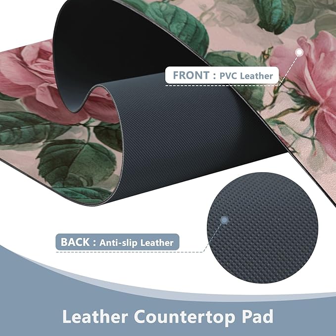 Mouse Pad Desk Mat Leather Desk Pad Large Gaming Desk Cover Protector Mat for Keyboard Computer Laptop Office Waterproof 47.2 x 23.6 Inch Pink Vintage Roses with Leaves