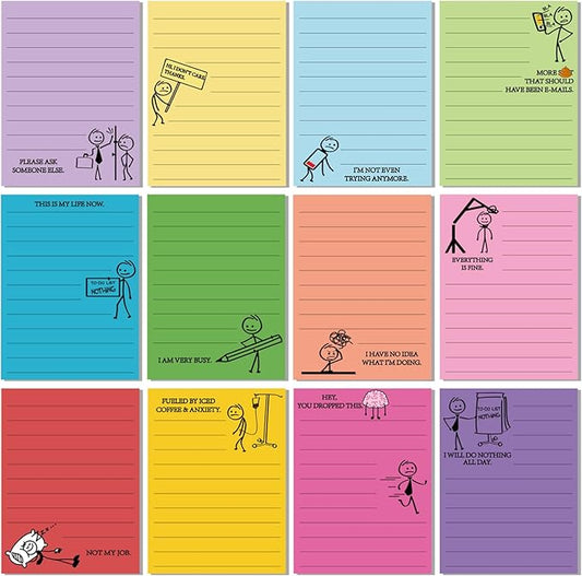 12 Pcs Funny Sticky Notes for Work 4x3 Inches Sarcastic Self Adhesive Notepads Novelty Memo Note Pads for Office Coworker Gifts Employee Appreciation Supplies(Stick Man,Bright Color)