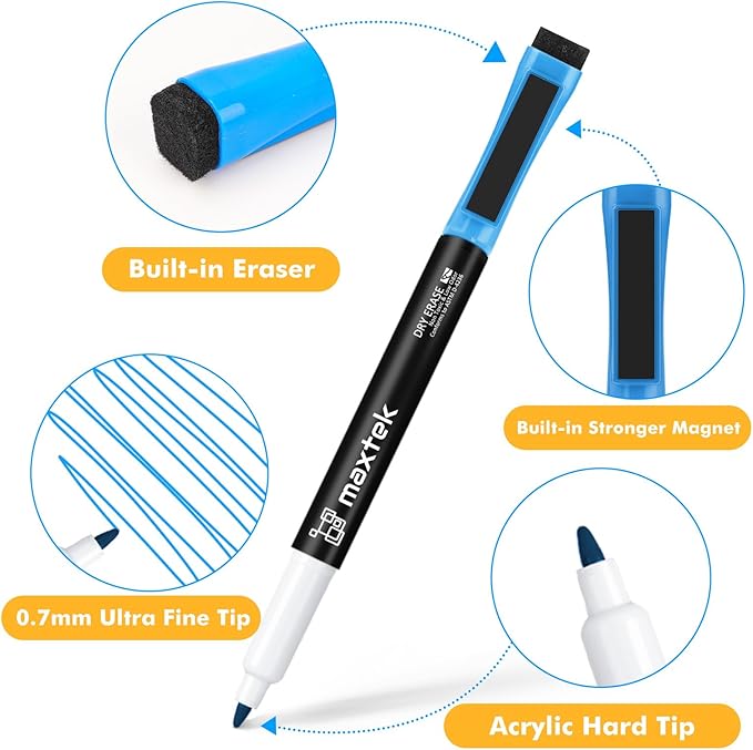 maxtek Magnetic Dry Erase Markers Ultra Fine Tip, 0.7mm Extra Fine Point Thin Dry Erase Markers with Eraser for Planning Whiteboard, Calendar Boards, 12 Colors, Low Odor