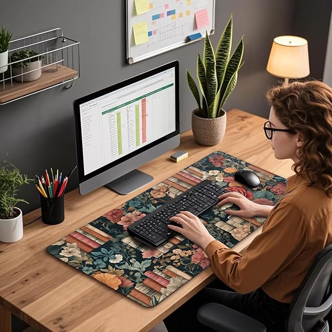 Vintage Library Floral Large Gaming Mouse Pad 31.5"x15.7"｜Books and Roses XXL Desk Mat, Non-Slip Rubber Base & Stitched Edges - Extended Waterproof Mousepad for PC/Laptop/Office/Home Decor
