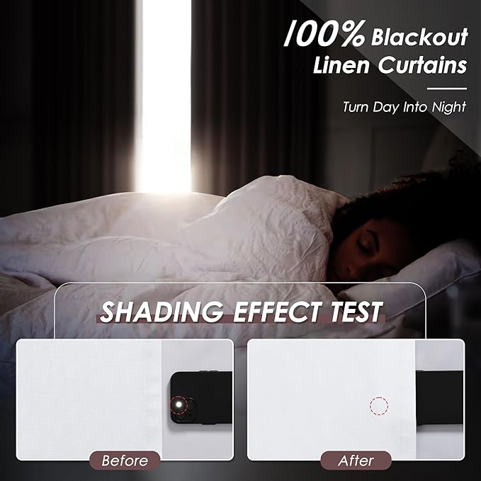 Full Blackout Linen White Curtains 90 Inches Long for Living Room, Patio Sliding Door Back Tab 100% Black Out Bedroom Curtains Pure White Boho Elegant Modern Cosatal Window Curtain Panels Set of 2