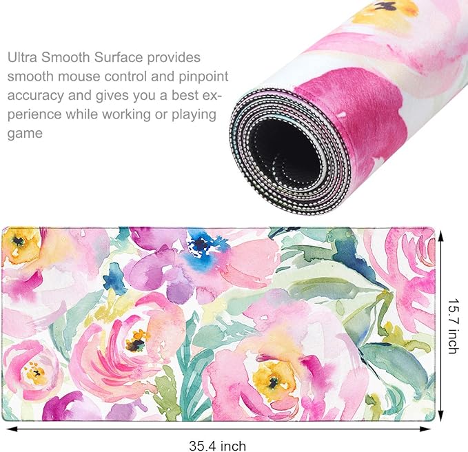 HAOCOO Floral Extended Desk Pad, Large Mouse Mat With Edge Stitching, 2 MM Thick Waterproof Computer Keyboard Mat, Non-Slip Rubber Base for Office