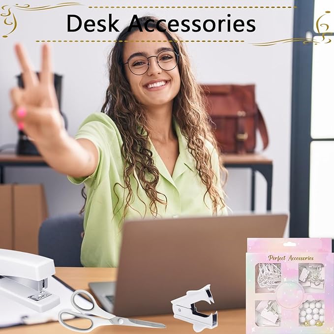 Office Supplies Set,Desk Accessories,Stapler and Tape Dispenser Set,1000 Staples,Staple Remover,Hinder Clips,Ruler,Scissor,Clear Tape,Ballpoint Pen,Sticky Notes,Gifts for Colleagues(White)