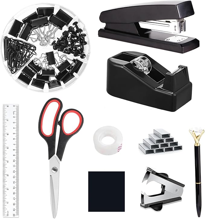 Office Supplies,Desk Accessories,Tape Holder,Stapler,Scissor,Staple Remover,Box of Binder Clips,Staples,Ballpoint Pen,Sticky Notes,Clear Tape,Ruler,Office Supplies Set(Black)