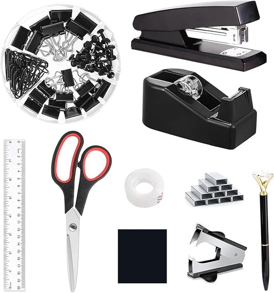 Office Supplies,Desk Accessories,Tape Holder,Stapler,Scissor,Staple Remover,Box of Binder Clips,Staples,Ballpoint Pen,Sticky Notes,Clear Tape,Ruler,Office Supplies Set(Black)