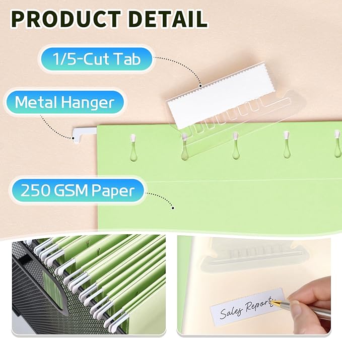 25-Pack Green Hanging File Folders, Letter Size (8.5" x 11") with 1/5-Cut Tabs,Includes 35 Transparent Label Cards & 50 Sticker Labels for Home & Office Organization