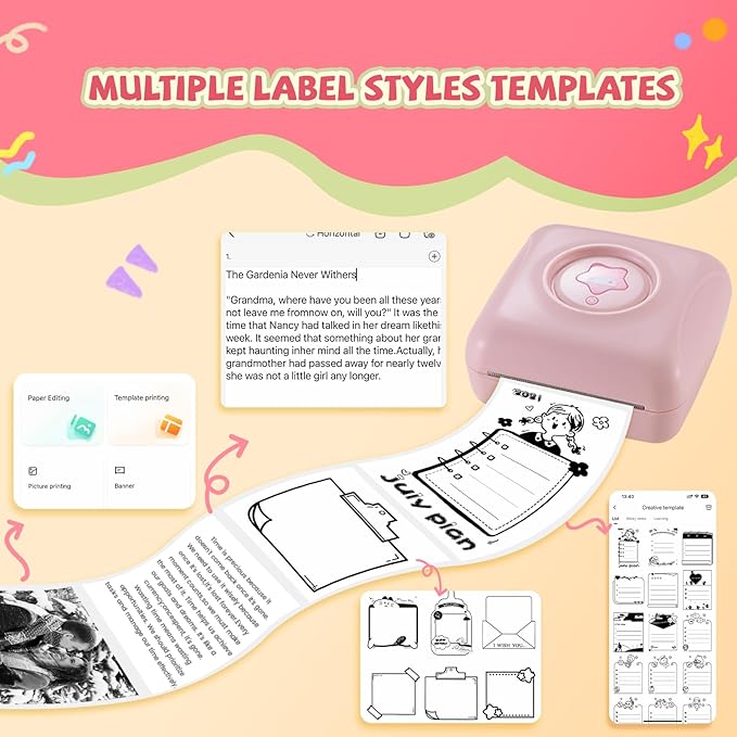 vretti Sticker Printer - TP2-Y Mini Portable Thermal Printer with 10 Rolls Thermal Paper, Inkless Sticker Maker Machine Bluetooth Mini Pocket Printer for iPhone, Study Graphics, Photos, Students