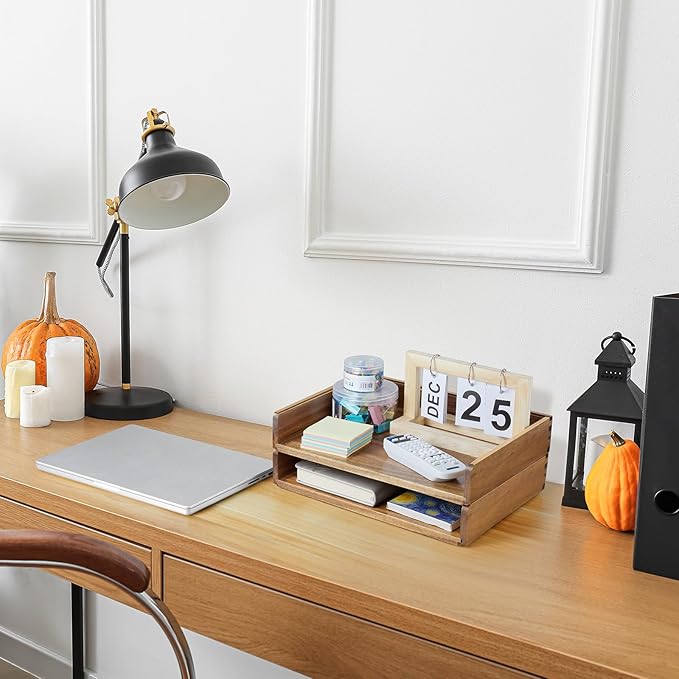 DRASTAR Paper Organizer Letter Tray, 2 Packs Acacia Wooden Stackable Letter Tray, A4 File Sorter Desk Organizer, Desk Organizers and Accessories for Home Office Supplies