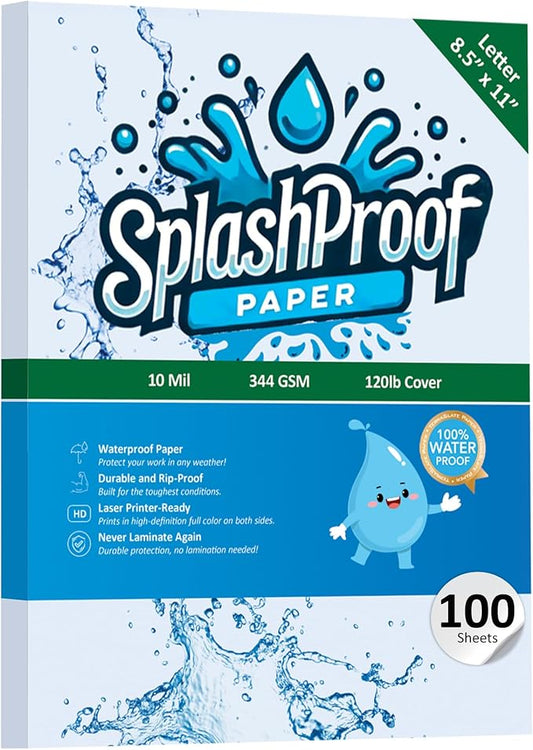 Printer Paper - 8.5" x 11", 10 Mil Waterproof Paper, Laser Printer & Copy Machine Compatible (100 Sheets)