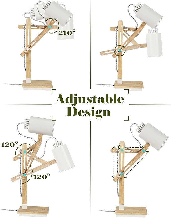 ELYONA Wireless Charging White Desk Lamp, Touch Control Rubber Wood Table Lamp with USB Charging Port, Swing Arm Reading Task Lights for Office, Dorm, Living Room Bedroom, Farmhouse, Bulb Included