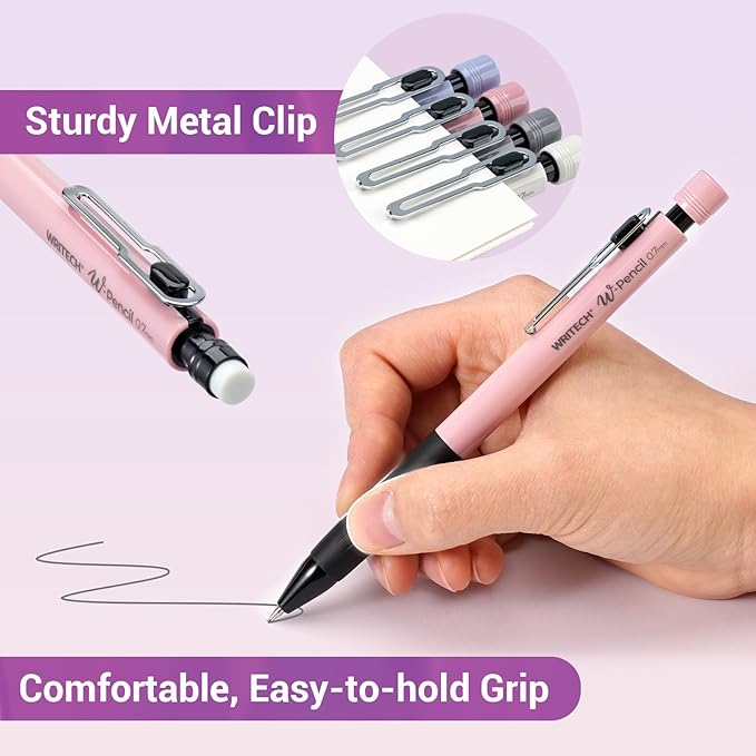 WRITECH Up Mechanical Pencil Set: 4ct Colorful Barrel 0.7mm Mechanical Pencils with 4 Tubes of HB Lead Refills and 4 Extra Erasers for Writing Drawing Sketching Drafting