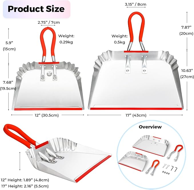 HexDorn 2 Pack Metal Dust Pan 17" and 12", Aluminum Heavy Duty Dust Pans with Non-Slip Rubber Handle, Large and Small Dustpan Set, Lightweight for Sweeping, Garage, Leaf, Household & Outdoor Cleaning