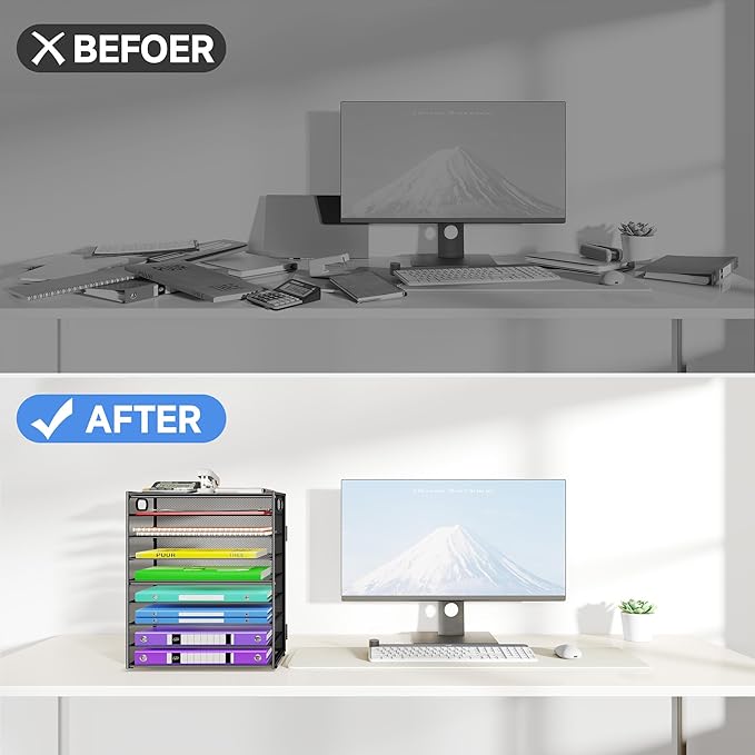 9 Tier Paper Organizer with Handle, Large Capacity Desk Organizer Mesh Paper Letter Tray File Folder Document Sorter for Classroom and Office Accessories Organization- Black (2 Pack)