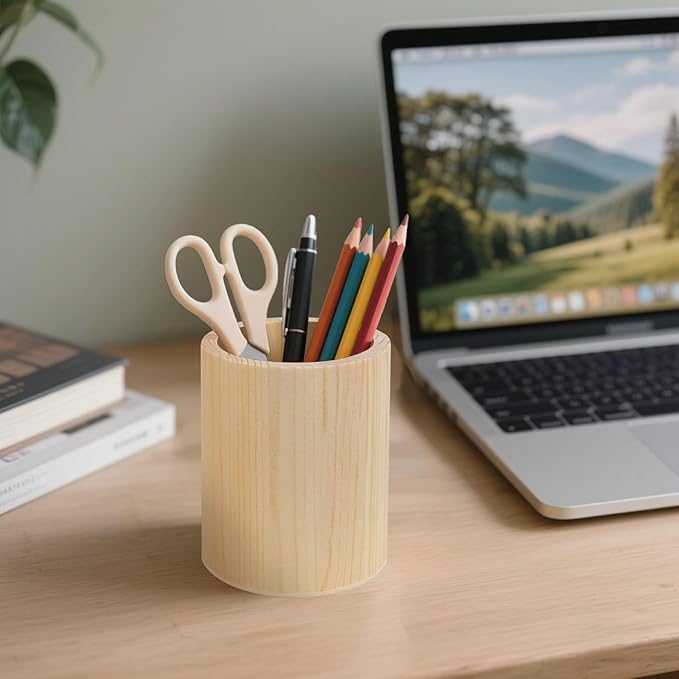6 Pack Wood Pen Holder Unfinished Wooden Pencil Holder Pine Wood Pen Holder Stand for Desk Office Supplies Makeup Brushes Organizer (Round)