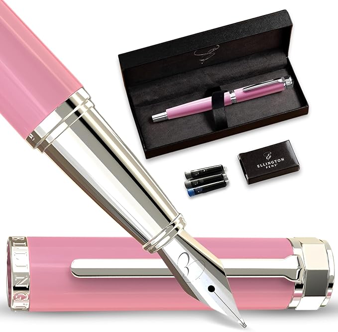 Ellington Pens Luxury Fountain Pen Set - Smooth Medium Nib - Includes 3 Ink Cartridges, Refillable Ink Converter, Gift Box - Fountain Pens For Writing, Calligraphy, Journaling, Sketching (Rosy Flair)