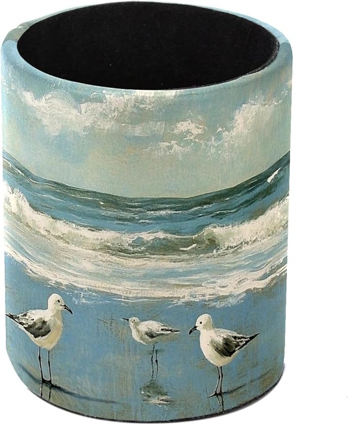Round Creative Pen Holder |Beach Birds East Coast Ocean (2) Desktop Storage Organizer|Gadget Stationery Storage Box|Office Leather Organizer