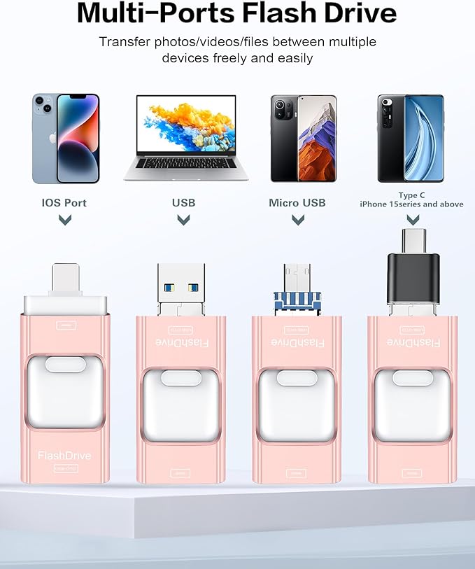 Flash Drive for iPhone 256GB, Photo Stick Thumb Drive USB Stick High Speed Transfer USB Drives External Storage Memory Expansion for iPhone/iPad/PC/Laptop (Pink)
