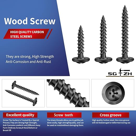 #8 x 1 Wood Screw 100Pcs Alloy Steel Standard Thread Truss Head Fast Self Tapping Black Oxide by SG TZH