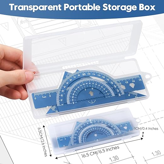 MSDADA Triangle Ruler, Protractor, Square and Ruler Set, 4 Pieces Aluminum Alloy Ruler, Metal Drafting Ruler Kit, Geometric Protractor for Student, School, Home, Office (Blue, 15cm/5.9inch)