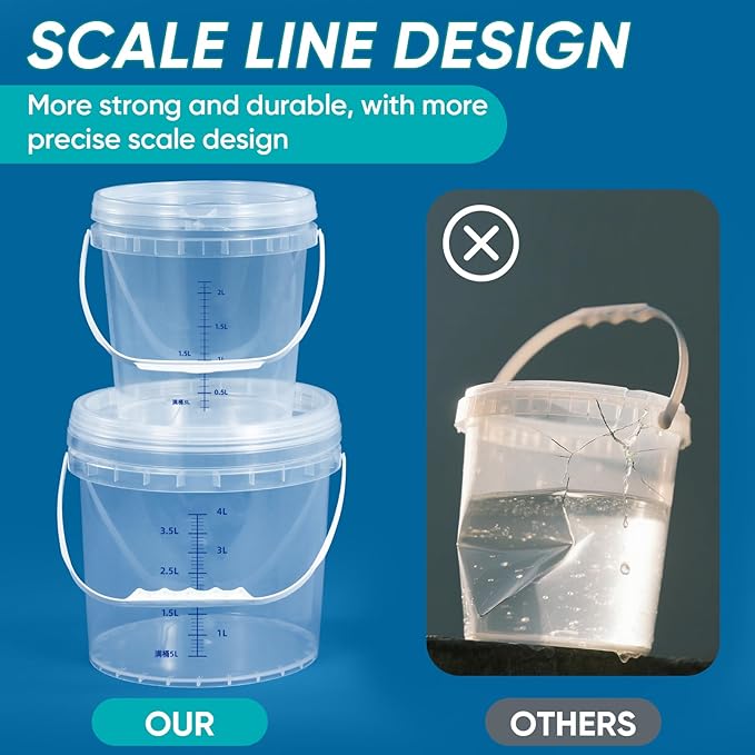 ASEVAT 0.8Gal 2Pack Clear Bucket Graduated Pail Container with Lid, Food Grade Buckets, Cleaning Containers Plastic Pails Extra Durable Handles with Grip for Easy Carrying