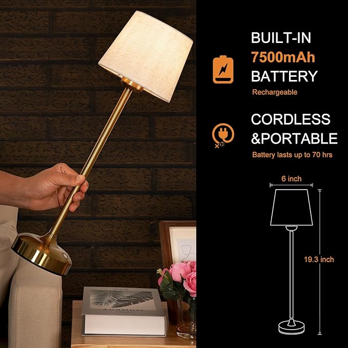 YAYZA! Cordless Table Lamp Adjustable Height Desk lamp, Fabric Shade 7500mAh Rechargeable LED Wireless Touch Night Light Stepless Dimming, 3 Color Temperatures with Edison Bulb (High Gold - 1 Pack)