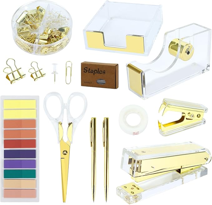 Buqoo Gold Acrylic Sticky Notes Holder Stapler and Tape Dispenser Cutter with Staple Remover, Sticky Notes, Paper Clips, Scissor, Ballpoint Pen for School Home N Office Supplies