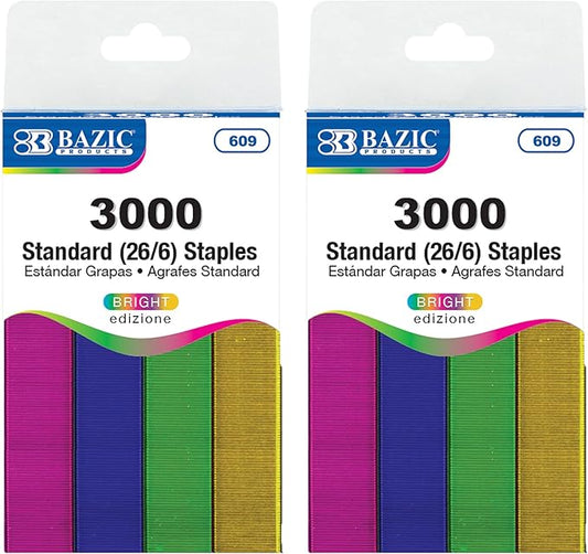 BAZIC Staples Standard (26/6) Metallic Color 3000/Pack, Stapler Refill Standard Size Staple, Assorted Colors, 2-Packs