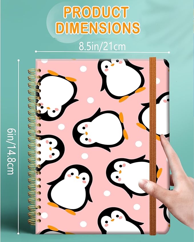 Ruled Spiral Writing Notebook,A5 Hardcover Lined College Journal for Women,Strong Twin-Wire Binding with Premium Paper,8.4" X 6",Perfect for School,Office,Home(Cute Penguin)