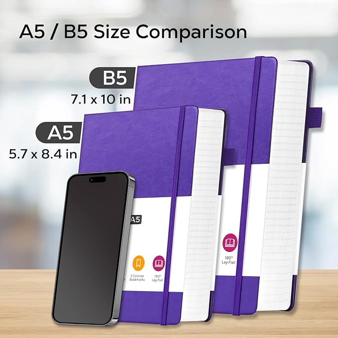 Lined Journal Notebook, 320 pages B5 College Ruled Notebook Journal for Writing Women and Men, Hardcover Leather Journal Notebook for School Office Work, 7.1'' X 10'', Pearlescent Purple Notebook