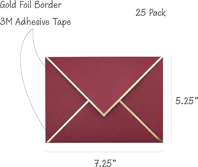 A7 Envelopes - V Flap Foil Border Luxury Mailing Envelopes for 5" x 7" Cards - for Wedding, Invitations, Baby Shower, Photos, Graduation, Birthday, Bridal Shower - 5.25" x 7.25" (Burgundy, 25 Pack)