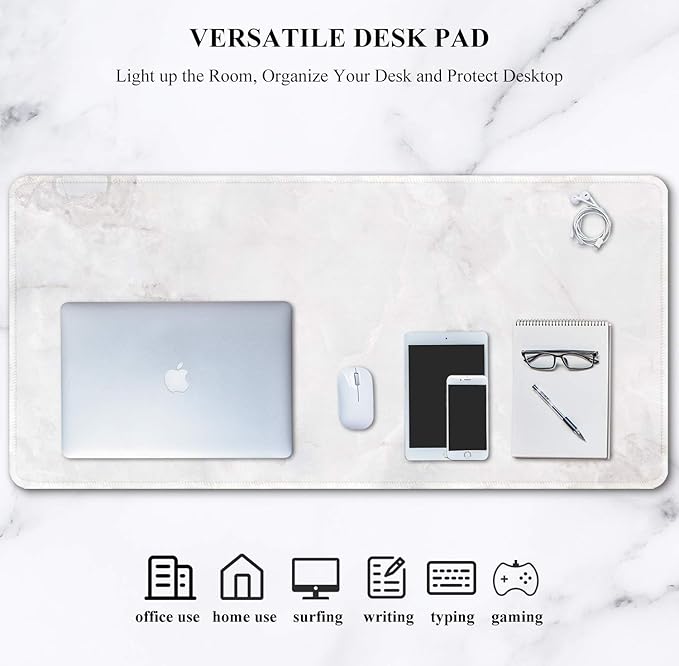 Auhoahsil Large Mouse Pad, Full Desk XXL Extended Gaming Mouse Pad 35" X 15", Waterproof Desk Mat w/Stitched Edges, Non-Slip Laptop Computer Keyboard Mousepad for Office and Home, White Marble Design