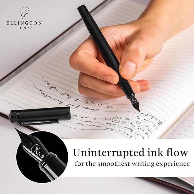 Ellington Pens Luxury Fountain Pen Set - Smooth Medium Nib - Includes 3 Ink Cartridges, Refillable Ink Converter, Gift Box - Fountain Pens For Writing, Calligraphy, Journaling, Sketching (The Stealth)