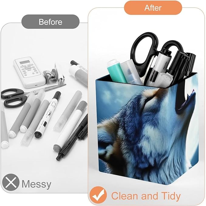 Holder Cup Makeup Brush Storage Organizer, Waterproof Multifunctional Office Supplies, Pen Holder Square Leather Pencil Full Moon Wolf