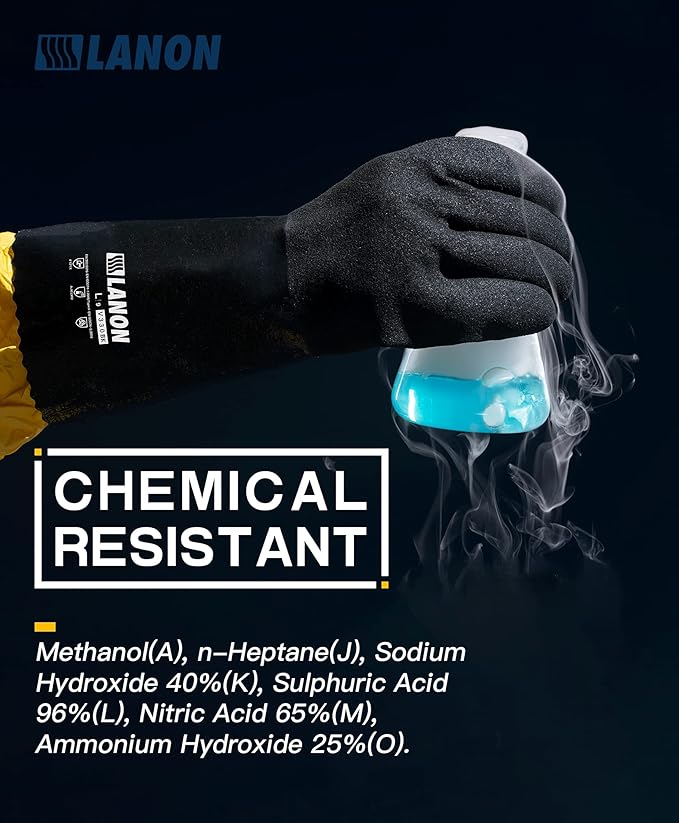 LANON 3 Pairs Nitrile Chemical Resistant Gloves, Reusable Heavy-Duty Rubber Gloves with MicroFoam Textured Palm, Acid, Alkali and Oil Protection, Black, Large