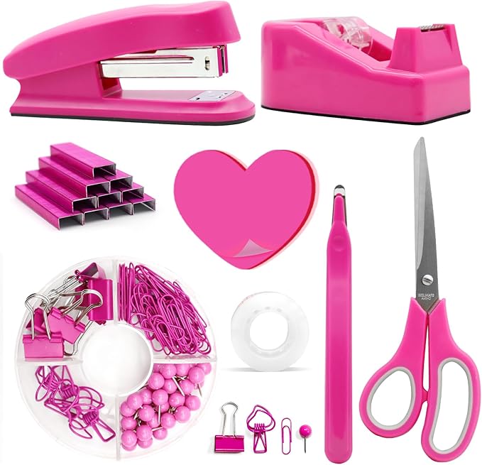 Hot Pink Office Supplies, UPIHO Hot Pink Desk Accessories, Stapler and Tape Dispenser Set for Women with Stapler, Tape Dispenser, Staple Remover, Staples, Clips, Scissor and Sticky Notes for Students