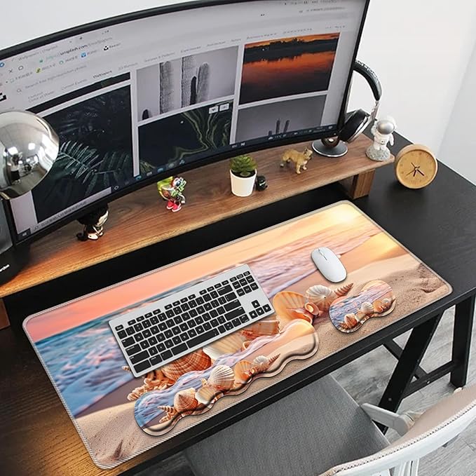 Keyboard Mouse Pad Set,Large Mouse Pad+Keyboard Wrist Rest+Wrist Support+Coaster,31.5x11.8in Extended Desk Mat for Computer Laptop Office Home-Sandy Beach Shell