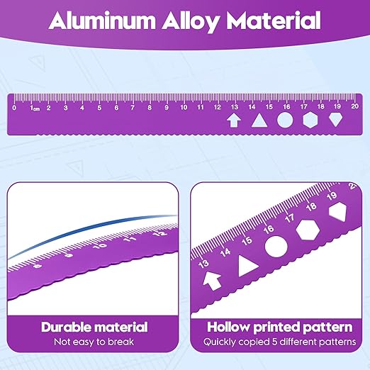 MSDADA Triangle Ruler, Protractor, Square and Ruler Set, 4 Pieces Aluminum Alloy Ruler, Metal Drafting Ruler Kit, Geometric Protractor for Student, School, Home, Office (Purple, 20cm/7.87inch)
