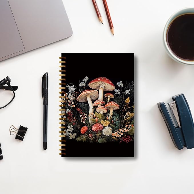 Guymn Dark Floral Mushroom Notebook, Gifts for Mushroom Lovers, Dark Cottagecore Witchy Floral Notebook Journal, Witchy Gifts for Women Hardcover Spiral Notebooks 5.5x8.3 Inch